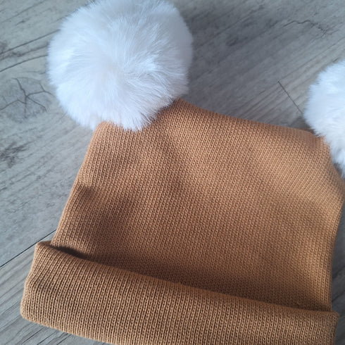 Bonnet oreilles pompons en tissu maille 100% coton - Oeko-Tex